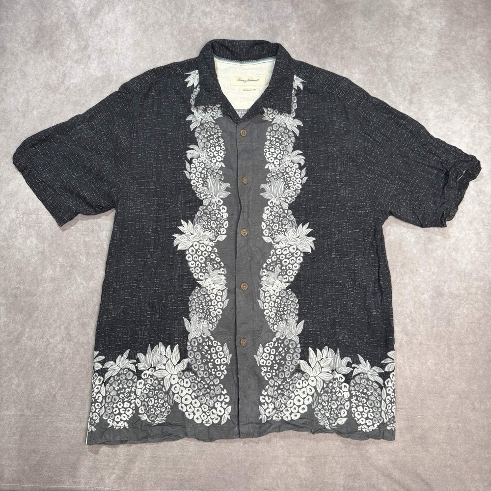 Tommy Bahama 100% Silk Hawaiian Camp Shirt Mens XL Tall Black Gray Tropical